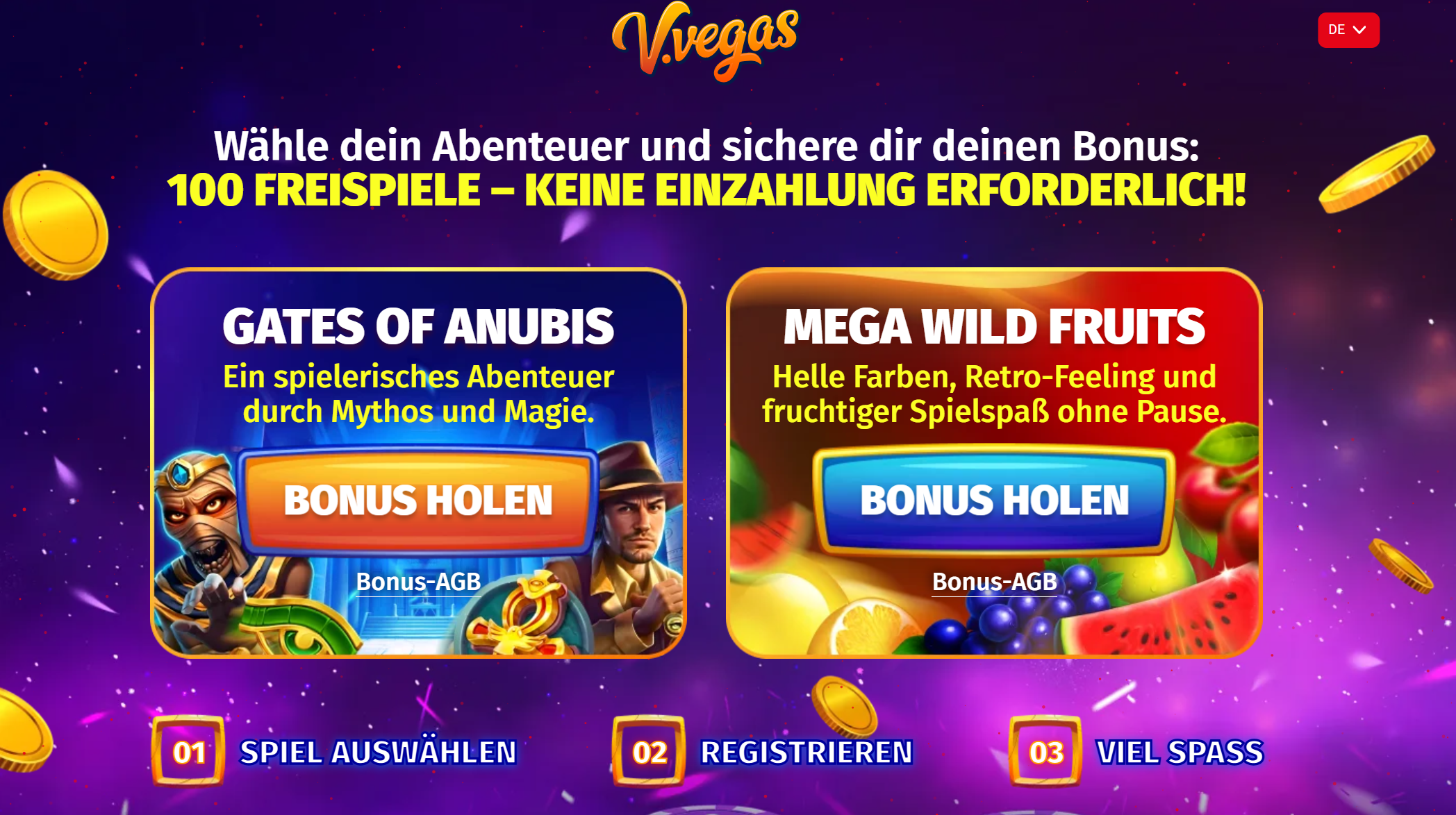 V.Vegas 100 Freispiele ohne Einzahlung Screenshot